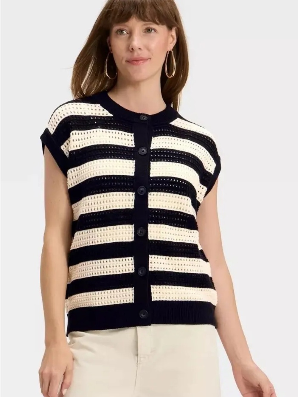 Universal Thread Striped Button-Front Knit Vest - Black & Cream